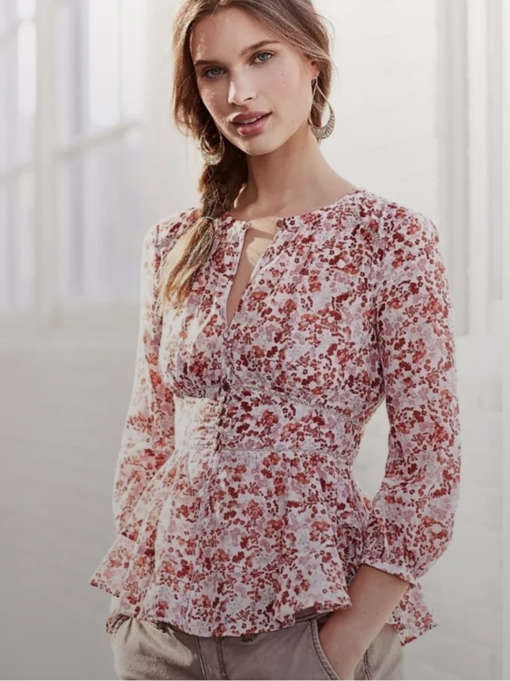 Anthropologie Moulinette Soeurs Rose and Rust Floral Smocked Peplum Blouse